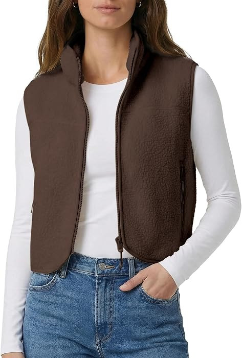 Cropped Fleece Vest Women Zip Up Stand Collar Warm Sherpa Vest Fall Cute Sleeveless Fleece Waistcoat with Pocket | Amazon (US)