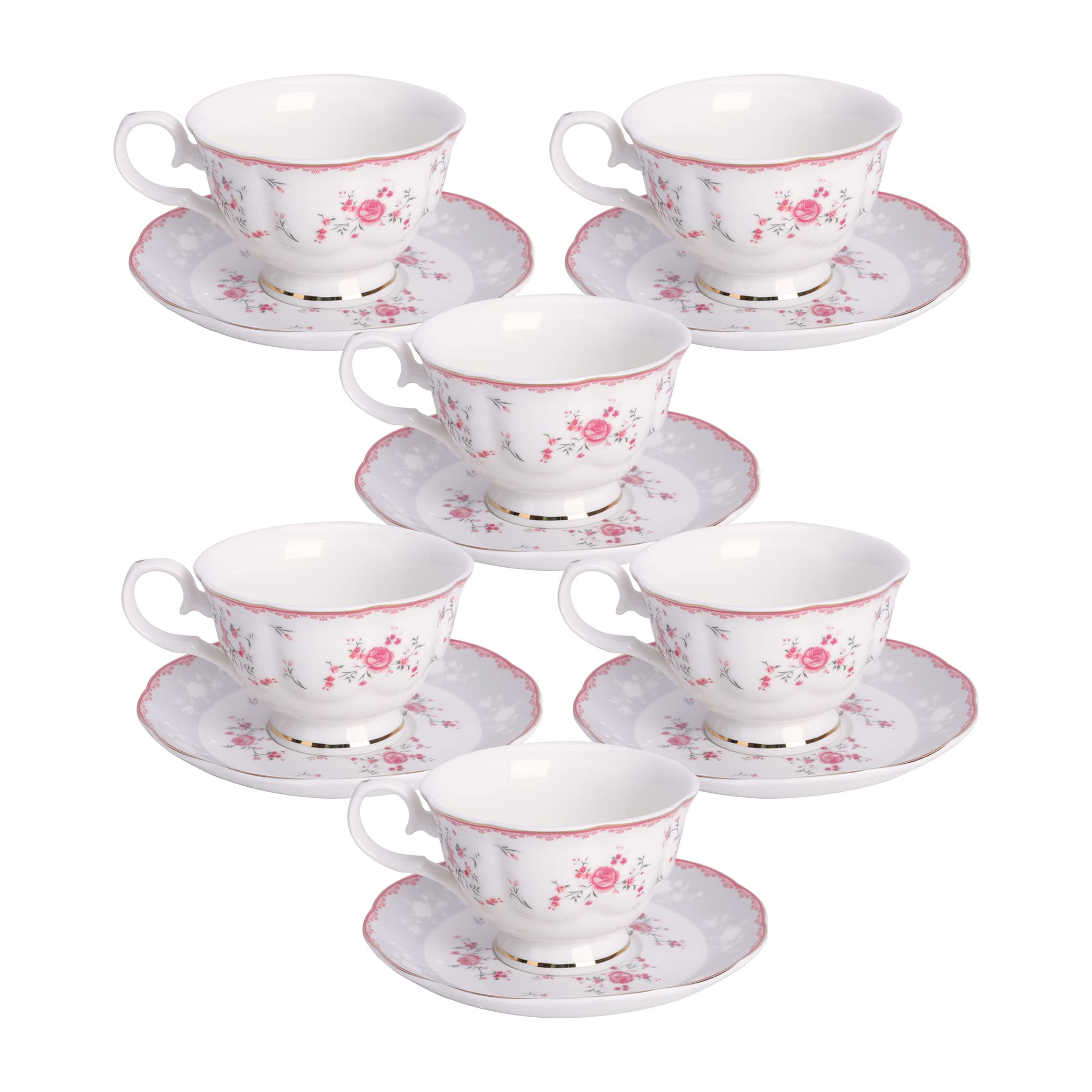 fanquare Pink Rose Tea Cup and Saucer Set for 6, British Vintage Afternoon Cup Set, Porcelain Cof... | Amazon (US)