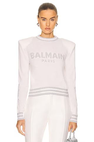 BALMAIN Monogramed Cropped Pullover in White & Silver | FWRD | FWRD 