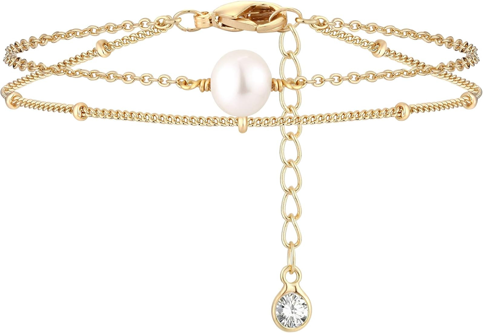 MEVECCO Gold Tiny Pearl Bracelet,14K Gold Plated Cute Beaded Freshwater Cultured Pearls Tiny Charm D | Amazon (US)