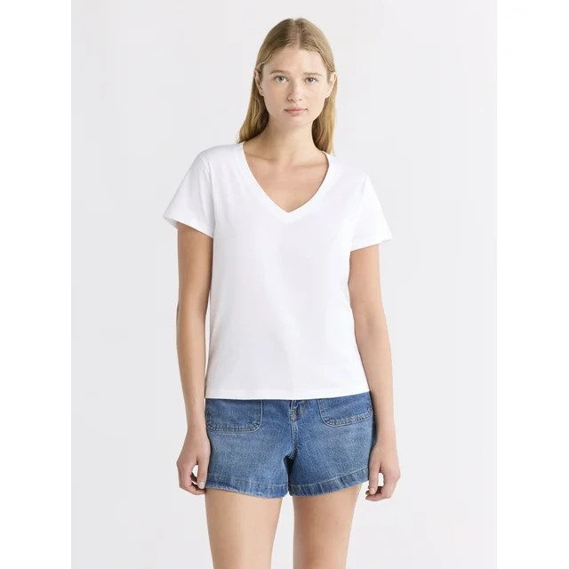 Free Assembly Women's Cotton V-Neck Tee with Short Sleeves, Sizes XS-XXL | Walmart (US)