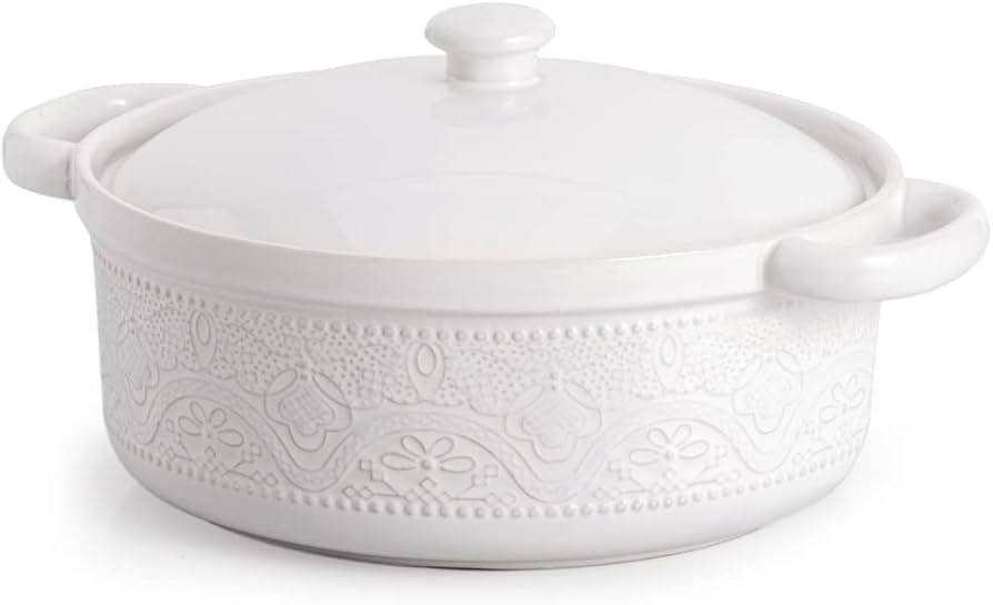FUN ELEMENTS Casserole Dish, 2 Quart Lace Emboss Dish with Lid, Oven to Table Ceramic Round Servi... | Amazon (US)