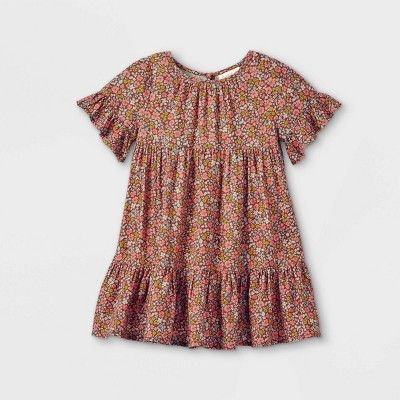 Toddler Girls' Floral Ruffle Short Sleeve Dress - Cat & Jack™ Brown | Target