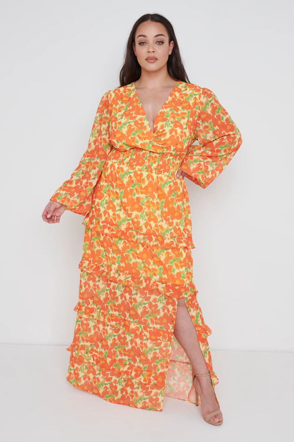Rochelle Shirred Waist Maxi Dress Curve - Orange and Yellow Floral | Pretty Lavish (UK)