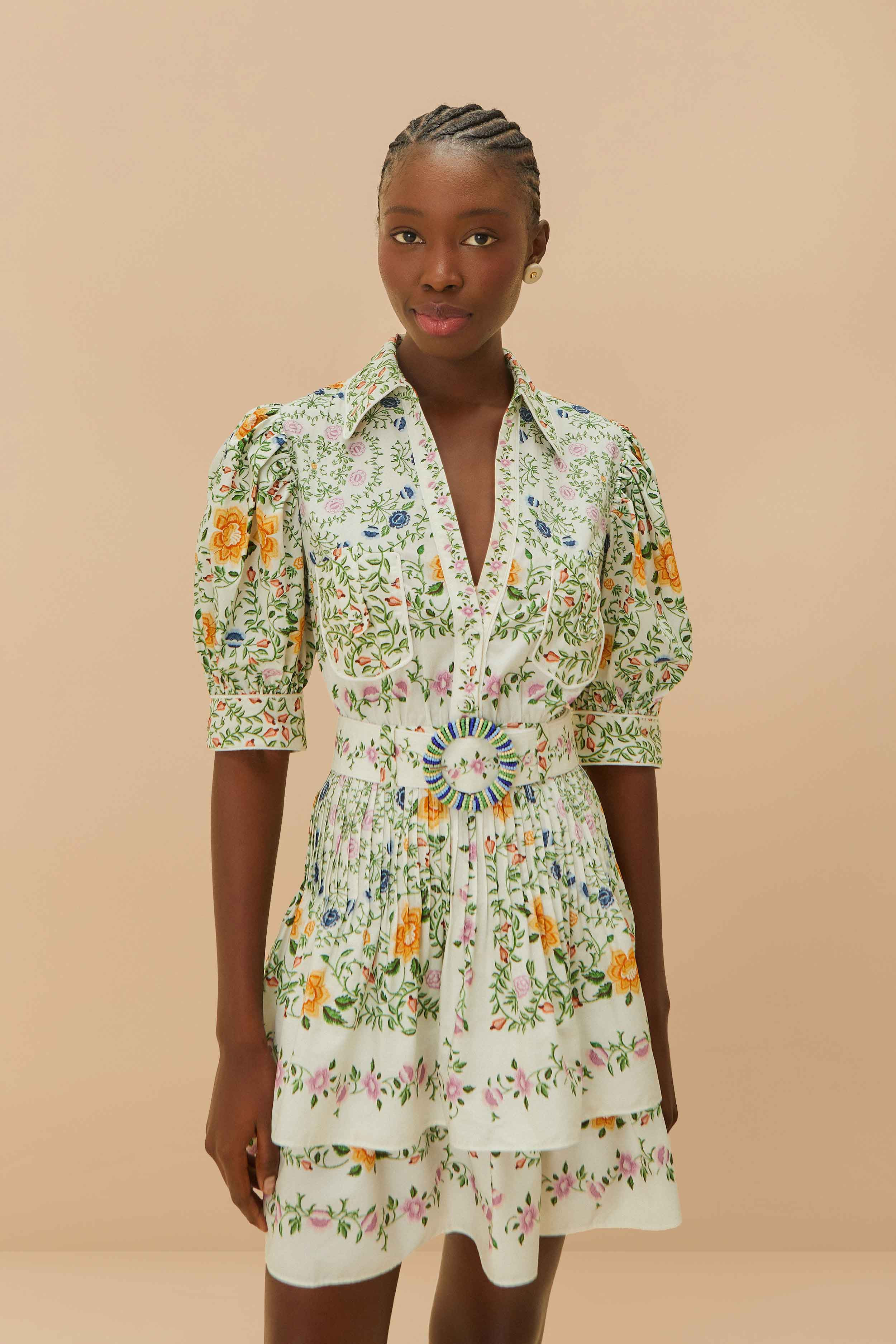 Off-White Folk Floral Short Sleeve Mini Dress, FOLK FLORAL OFF-WHITE / L | FarmRio (US)