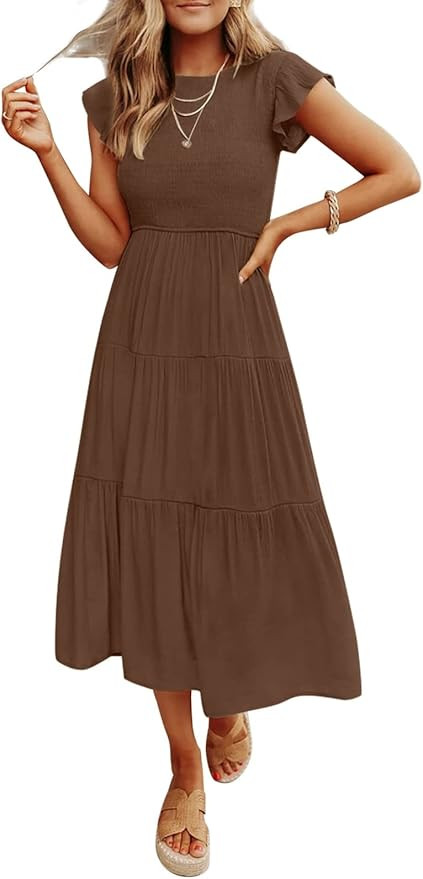 Coloody Women's Summer Casual Midi Dress Boho Flutter Sleeve Crew Neck Smocked Flowy Tiered A-Lin... | Amazon (CA)