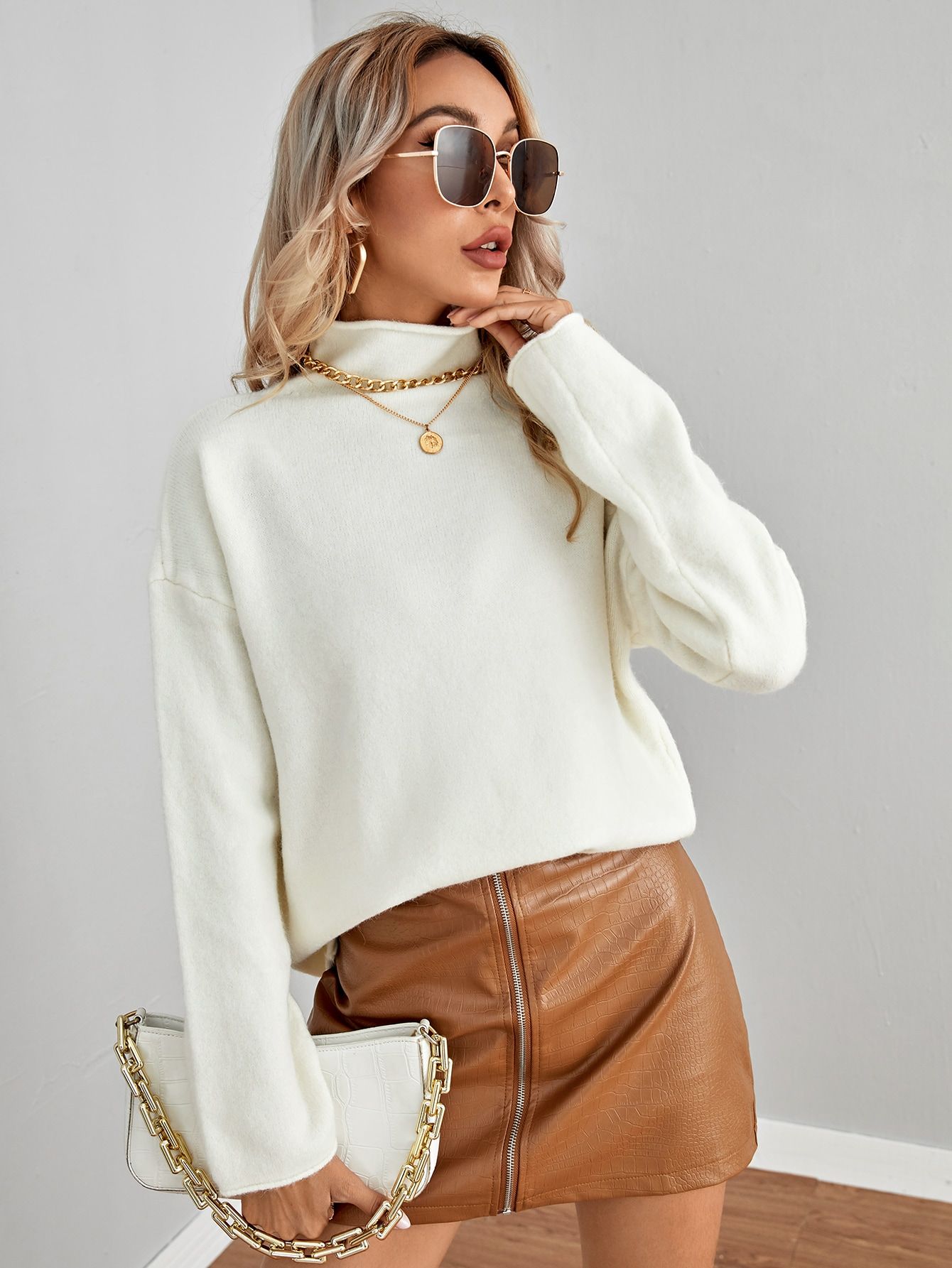 Solid Mock Neck Drop Shoulder Sweater | SHEIN