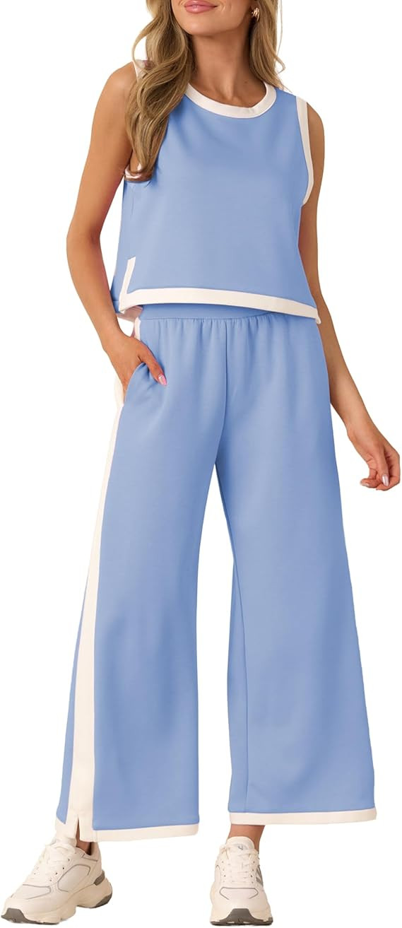 Two Piece Sets for Women Lounge Set Summer Outfits Sleeveless Top Wide Leg Pants Casual Beach Vac... | Amazon (US)