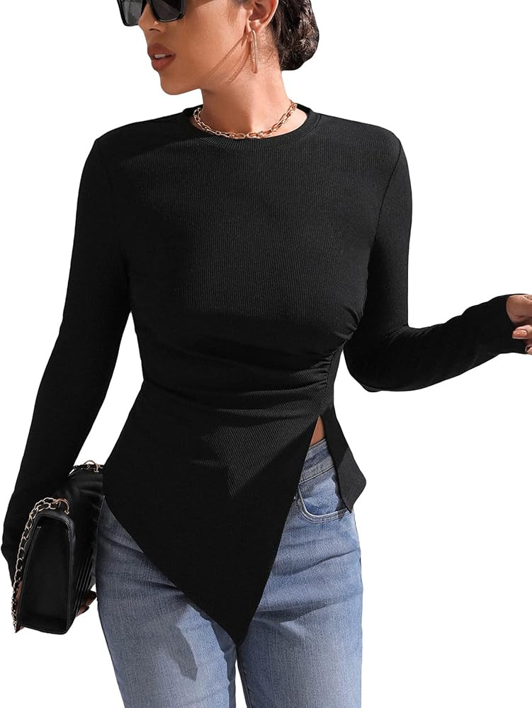 Milumia Women's Asymmetrical Hem Ribbed Knit Tops Long Sleeve Round Neck T Shirt | Amazon (US)