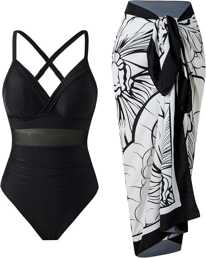 Women’s One Piece Tummy Control Swimsuit with Skirt Retro Slimming Mesh Bathing Suit with Wrap ... | Amazon (US)