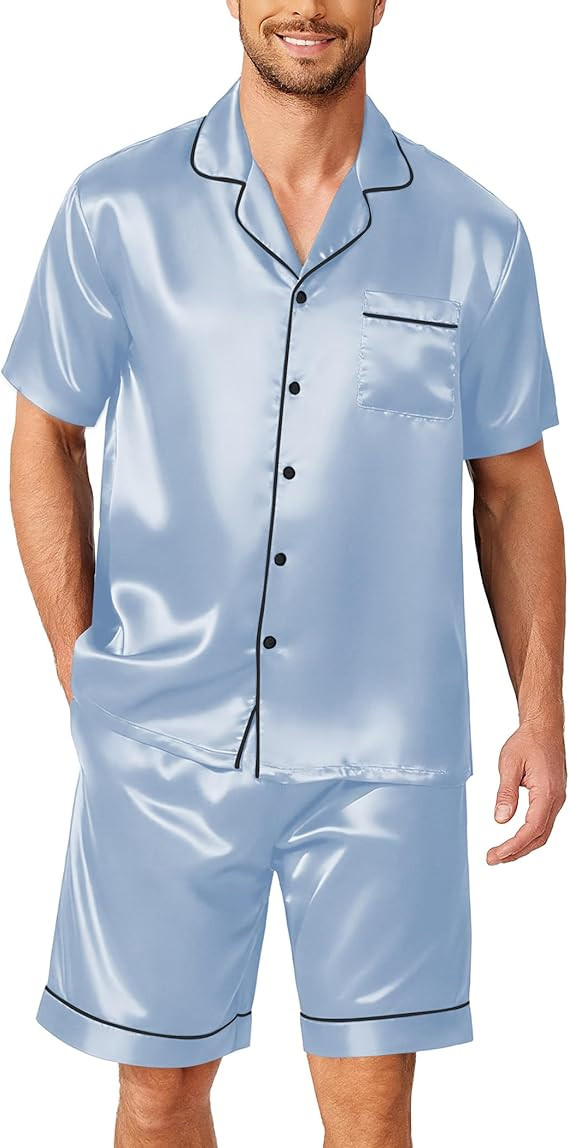 Ekouaer Mens Pajamas Set Silk Satin Sleepwear Short Sleeve Button Down Pjs Set 2 Piece Loungewear... | Amazon (US)