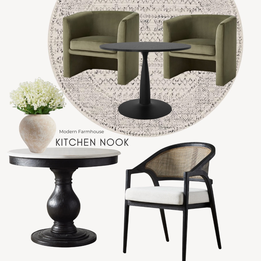 If you have a little kitchen nook, that’s too small for a kitchen table, but just enough to enjoy coffee and a cozy corner. This is your set up. Option one is a pedestal table with two chairs option two is pedestal table with one chair and a window bench or a bench.