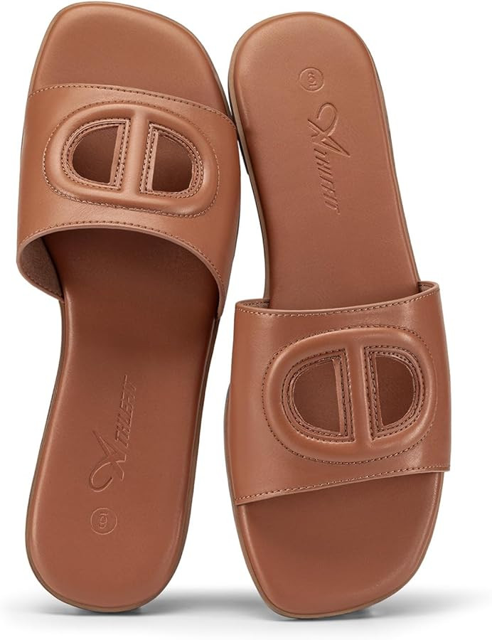 Athlefit Women's Flat Sandals Square Open Toe Comfortable Slip On Summer Beach Slide Sandals | Amazon (US)