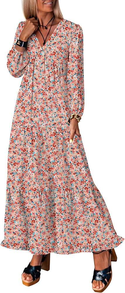 ANRABESS Womens Long Sleeve Boho Maxi Dress 2026 Fall V Neck Floral Striped Casual Loose Fit Beac... | Amazon (US)
