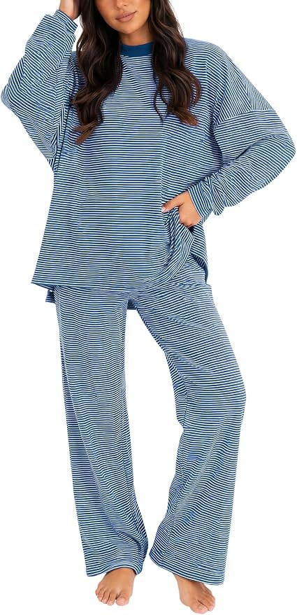 Women's 2 Piece Striped Lounge Set Wide Leg Pants Matching Pajamas Set | Amazon (US)