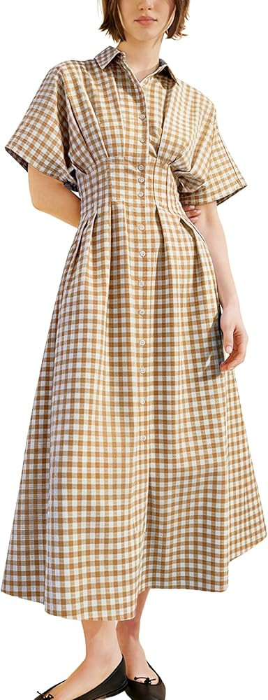 Yeokou Women Plaid Shirt Dress Short Sleeve Button Down Pleated Gingham A Line Maxi Dresses Casua... | Amazon (US)