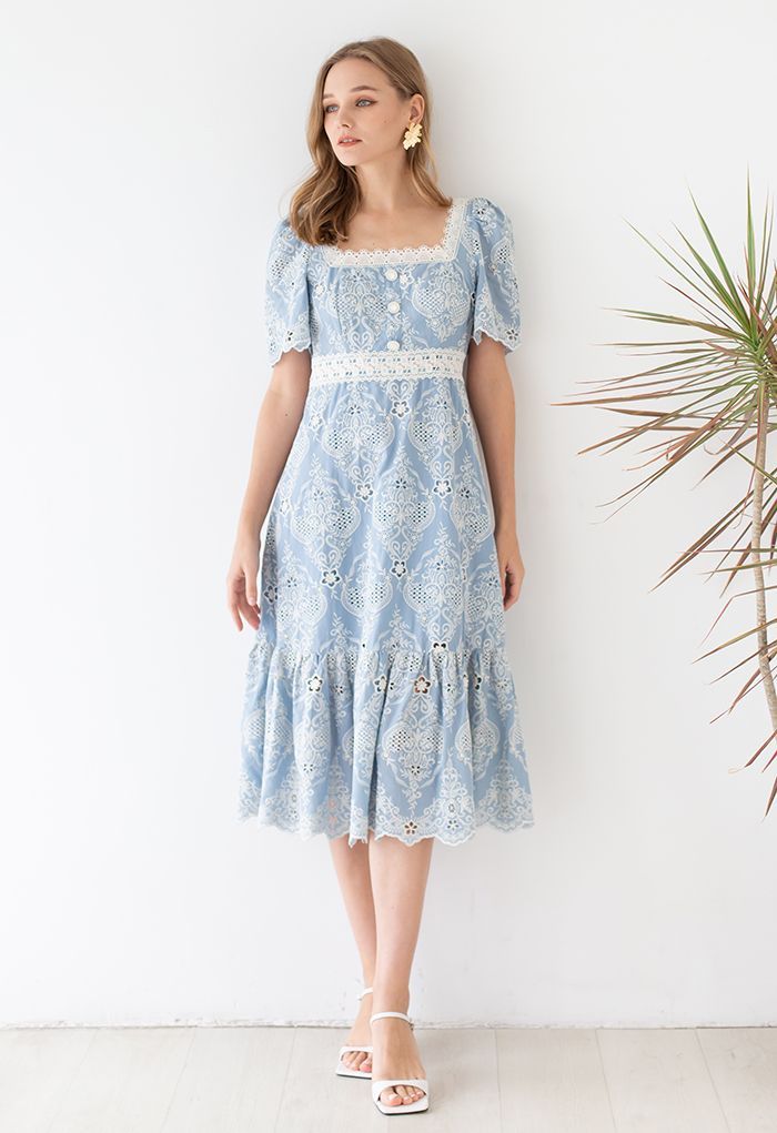 Square Neck Floral Embroidered Crochet Frilling Dress | Chicwish