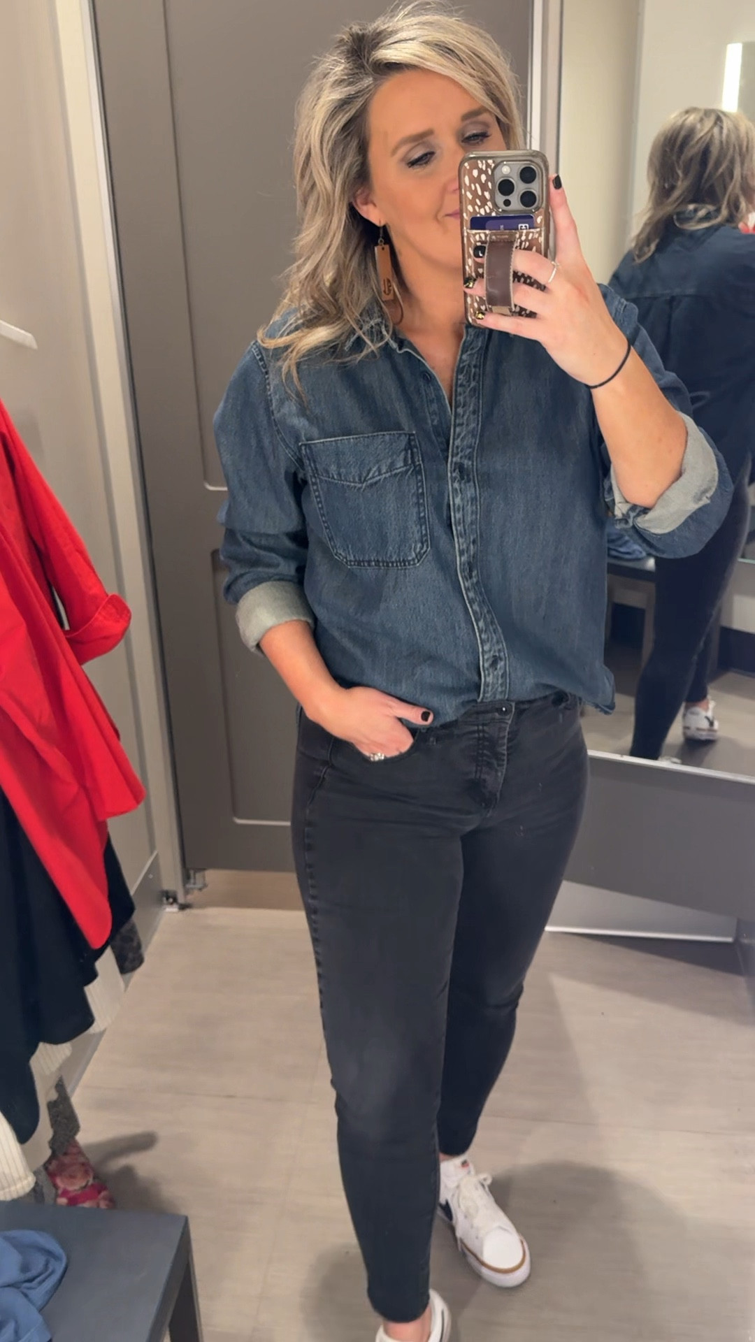Oversized denim button up? Yes! I love a good denim shirt. These are such a universal piece to own and can work so many ways. I am loving  the dark wash too. Dark wash is sold out online but available in a light and medium wash online .

#LTKOver40 #LTKMidsize #LTKStyleTip