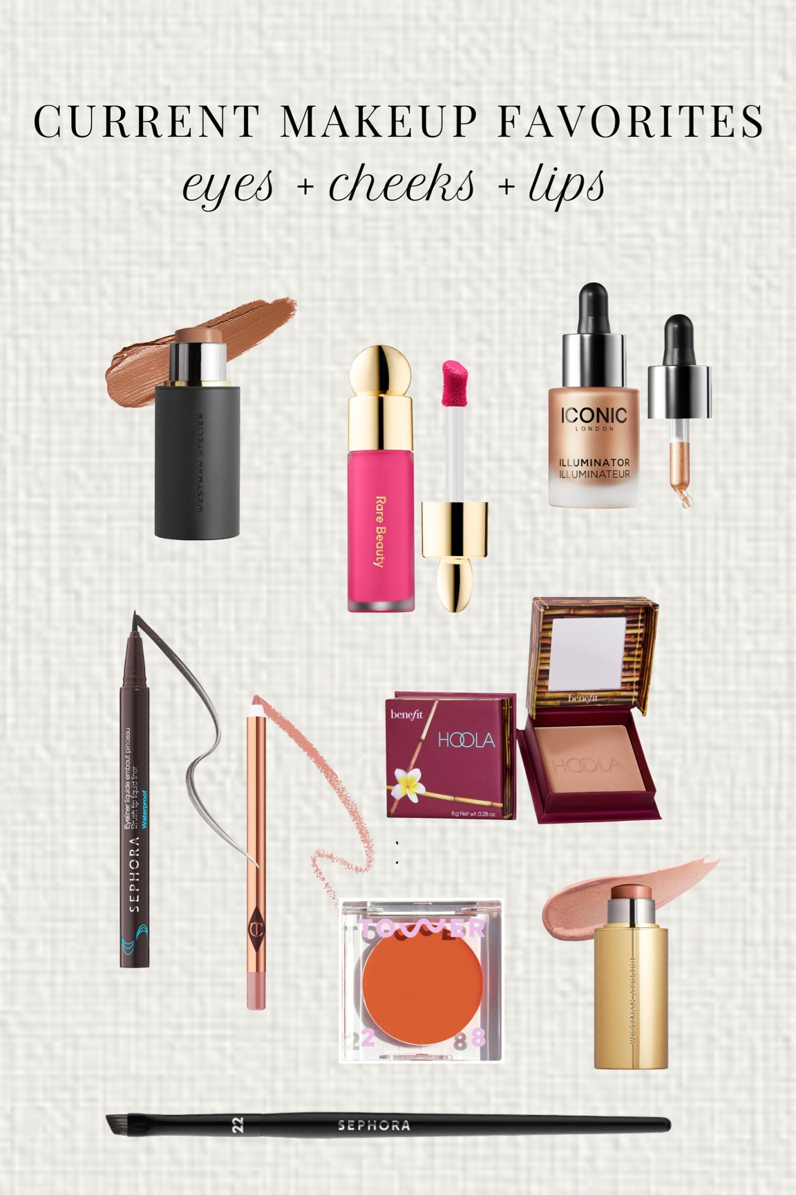 Shades:
- Face Trace Cream Contour Stick, Biscuit
- Rare beauty liquid blush, Lucky
- Tower 28 BeachPlease Lip + Cheek Cream Blush, Golden Hour
- Sephora Hot Line Brush Tip Liquid Liner, Brown
- Iconic London Liquid Highlight, Original
- Hoola Bronzer, Hoola
- Charlotte Tilbury Lip Cheat, Iconic Nude

#LTKbeauty