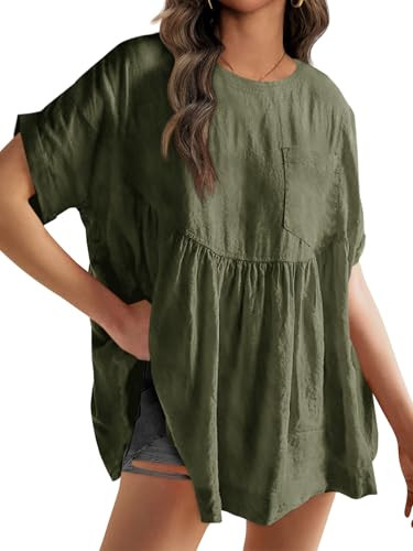 Tankaneo Womens Summer Babydoll Tops Short Sleeve Crew Neck Tunic T Shirts Cute Swing Mini Dress Army Green | Amazon (US)