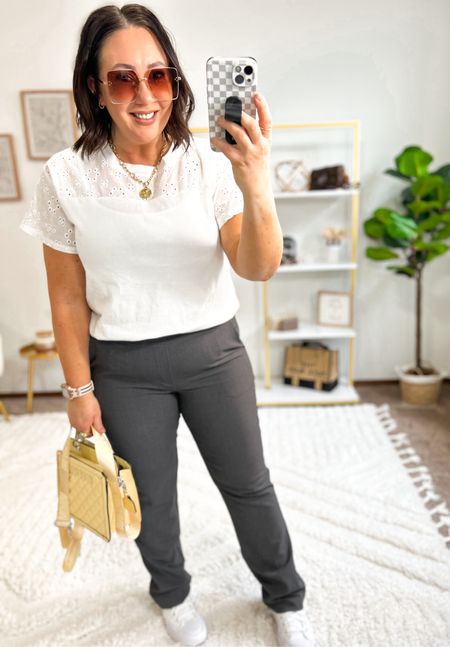 New eyelet top!  Love this styled as a workwear top. Size large top. I love these pull on pants and they’re back in stock!  L in mine. 

#LTKmidsize #LTKfindsunder50 #LTKworkwear