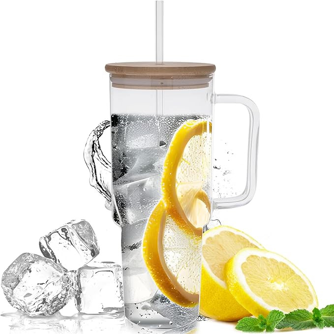 Jumbo Clear Glass Tumbler With Straw And Lid 40 Oz - Stylish Glass Tumbler With Handle, Bamboo Li... | Amazon (US)