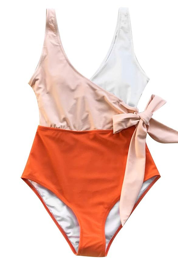 CUPSHE Women's Orange White Bowknot Bathing Suit Padded One Piece Swimsuit | Amazon (US)
