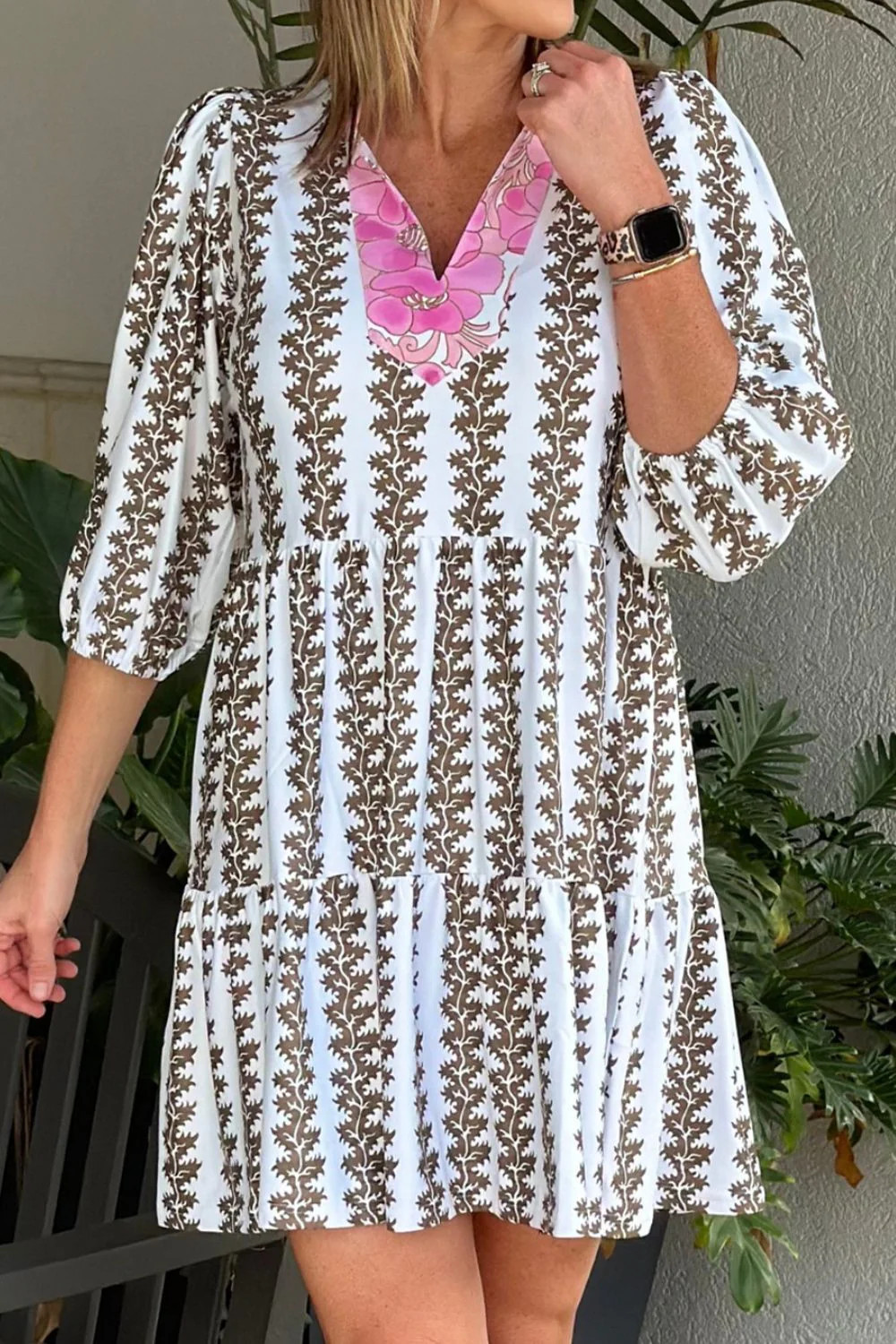 Printed Notched 3/4 Sleeve Mini Dress Floral / M | Casual Chic Boutique