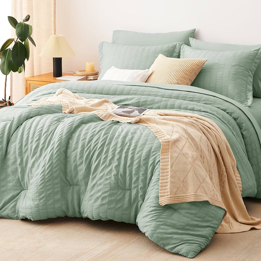 CozyLux King Size Comforter Set Sage Green Seersucker 7 Pieces Bed in a Bag King Comforter Set wi... | Amazon (US)