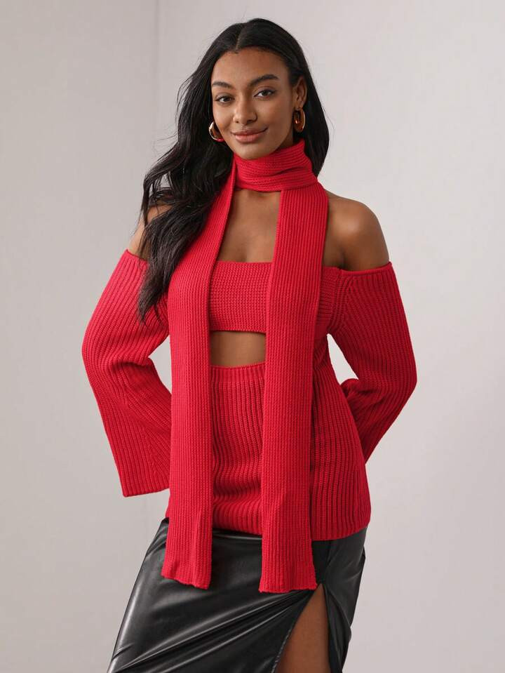MAY‘G Maglione monocolore con spalle scoperte scavato con Sciarpa | SHEIN