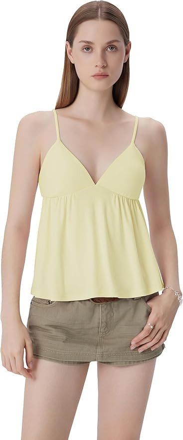 SUUKSESS Women V Neck Babydoll Tank Tops with Built in Bra Summer Cute Peplum Cami Going Out Tops | Amazon (US)