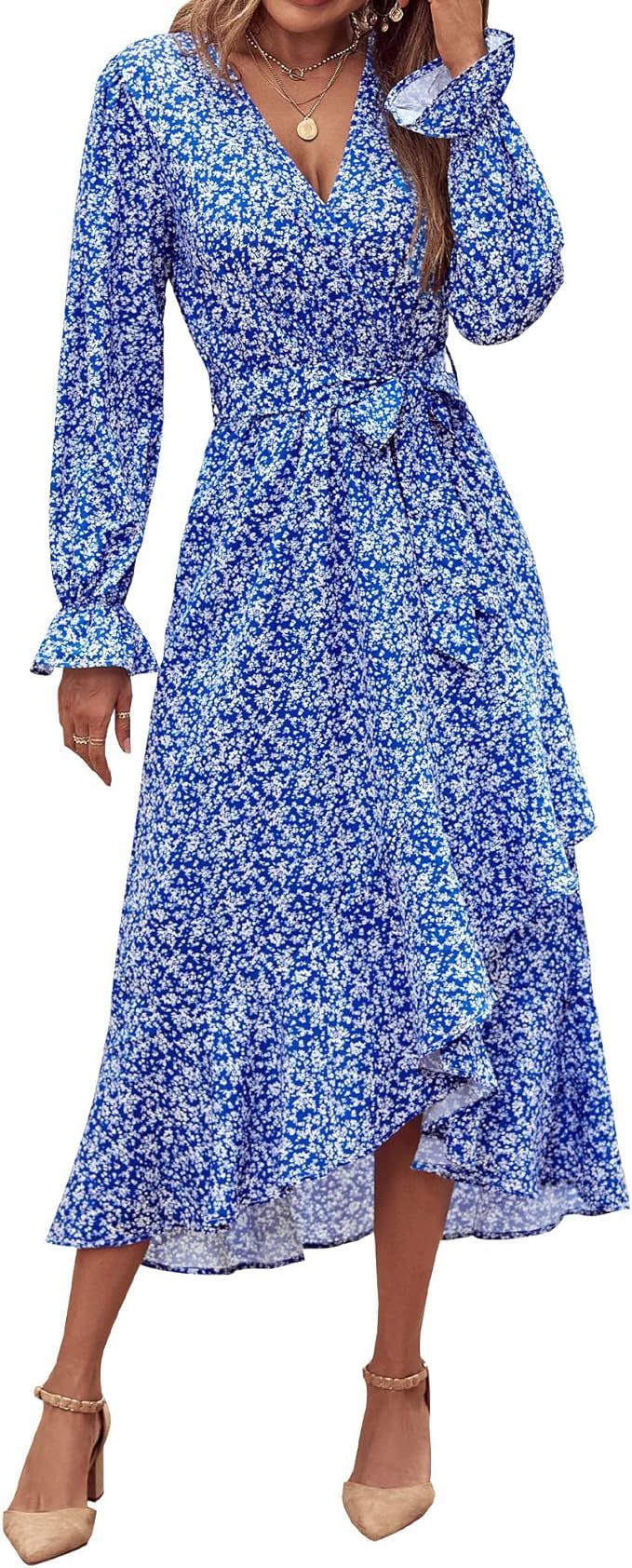 BTFBM Women Long Sleeve Wrap Dress V Neck Boho Floral High Waist Flowy Ruffle 2023 Spring Summer ... | Amazon (US)