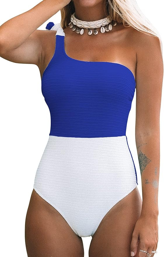 CUPSHE Women's One Piece Swimsuit Color Block One Shoulder Bowknot Bathing Suit | Amazon (US)