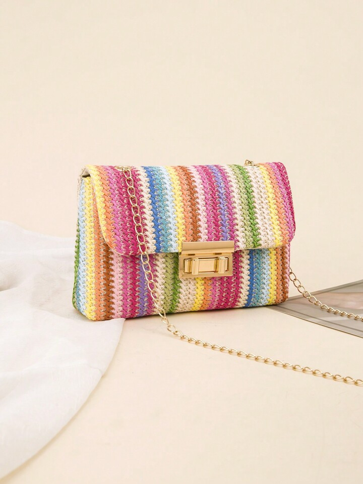 Chain Shoulder Bag Women's Small Square Woven Colorful Bag, Spring/Summer Casual Beach Bag For Wo... | SHEIN