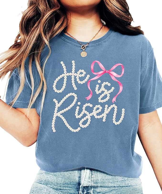 He is Risen Christian Shirt for Women - Pearl Bow Easter Faith Graphic Tee | Amazon (US)