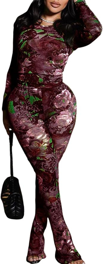 Uni Clau Women’s Sexy 2 Piece Set Floral Print See Through Mesh Long Sleeve Crew Neck Tops and ... | Amazon (US)