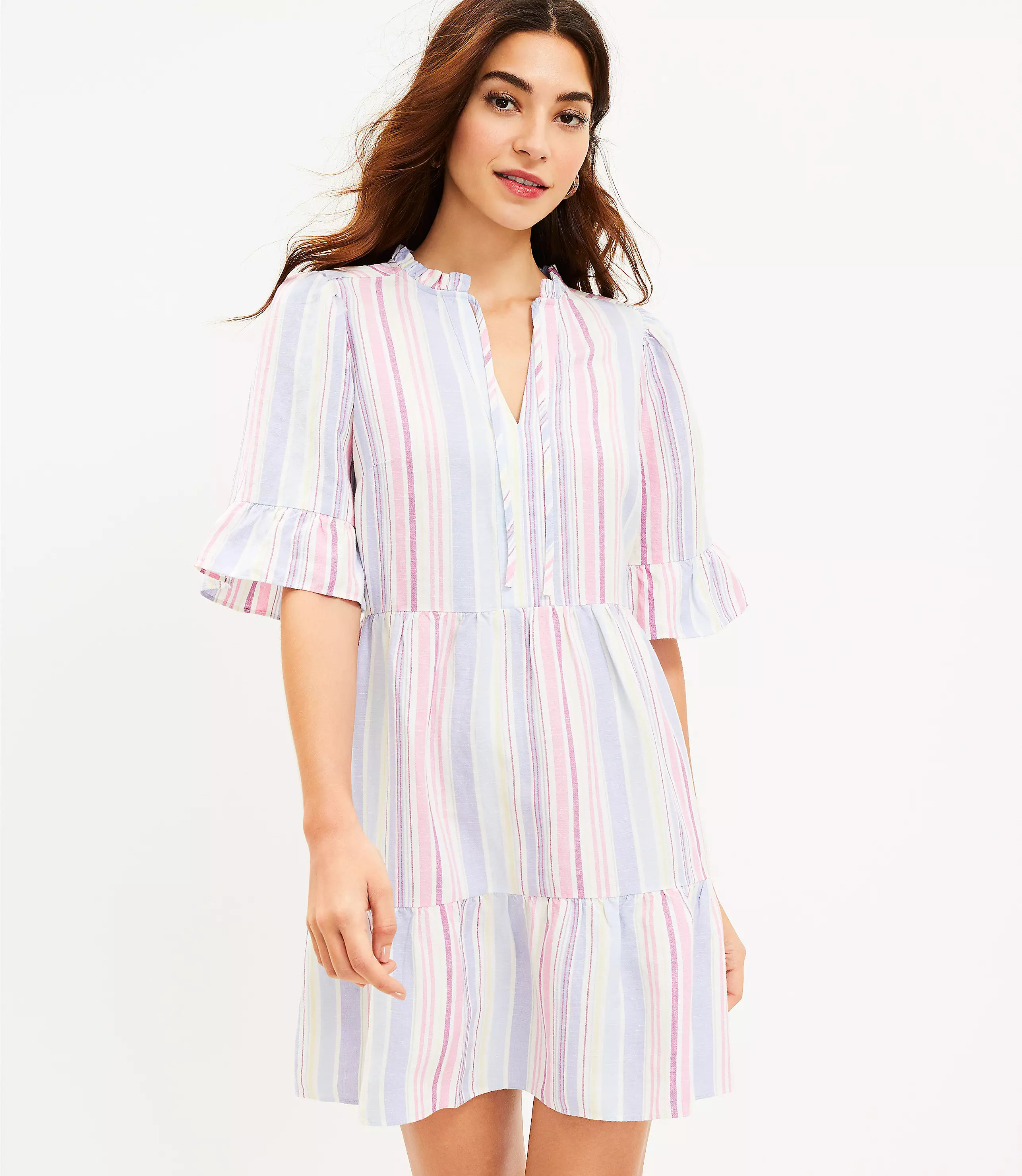 Striped Ruffle Tie Neck Tiered Swing Dress | LOFT