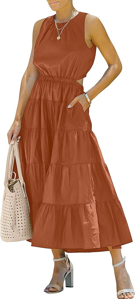 ANRABESS Womens Summer Sleeveless Cutout Maxi Dress Crewneck Tiered Flowy A-Line Sundress with Pocke | Amazon (US)