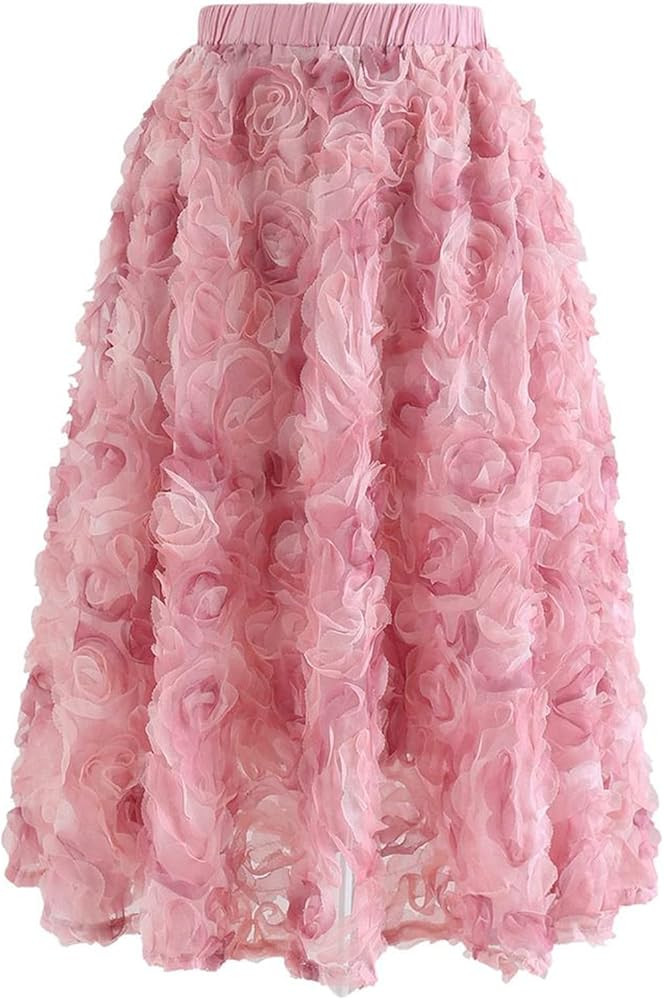 CHICWISH Women's Caramel/Dusty Blue/White/Black 3D Posy Double-Layered Mesh Midi Skirt | Amazon (US)