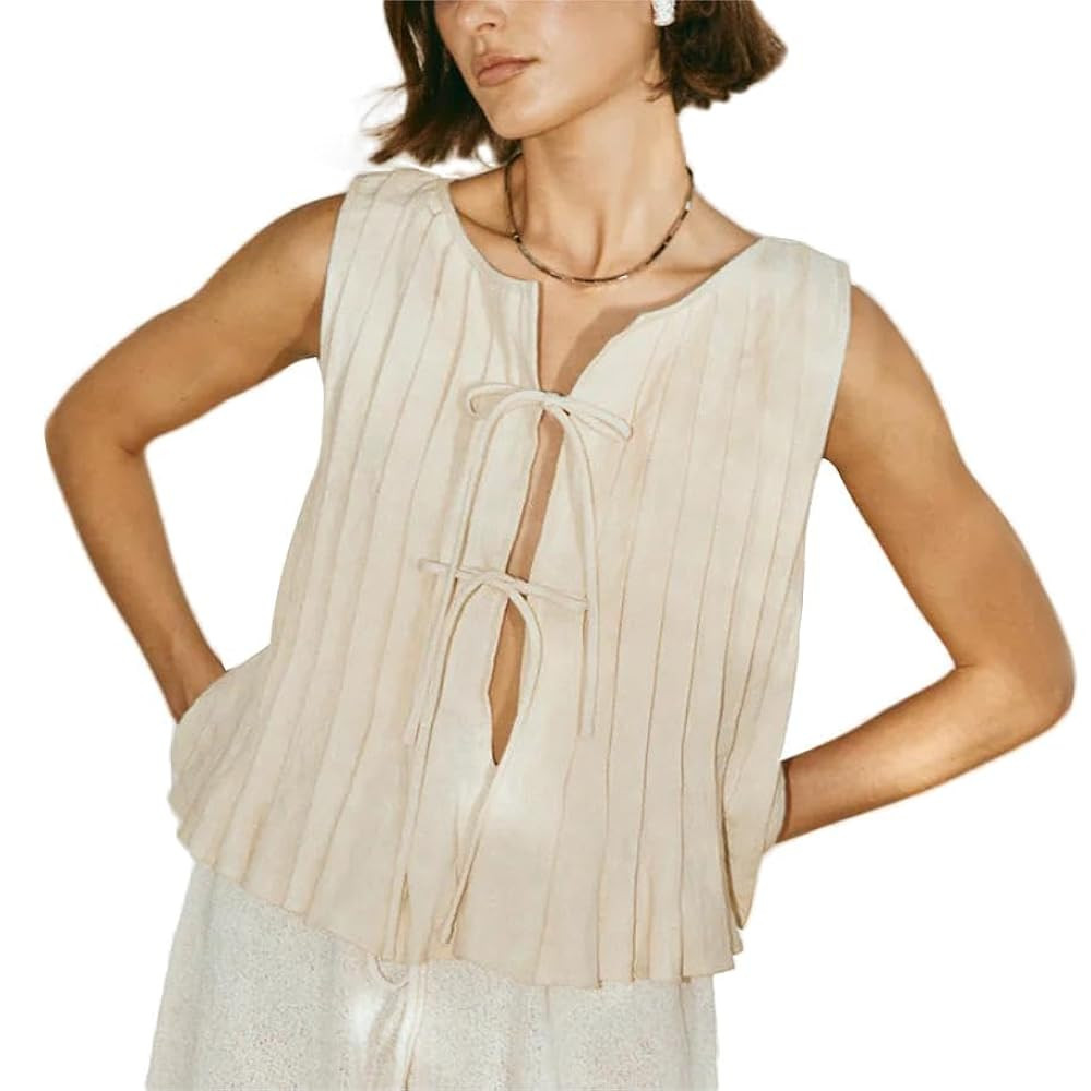 POHADON Womens Y2k Vest Tank Tops Cute Ruffle Cotton Linen Tie Front Shirt Going Out Pleated Summ... | Amazon (US)