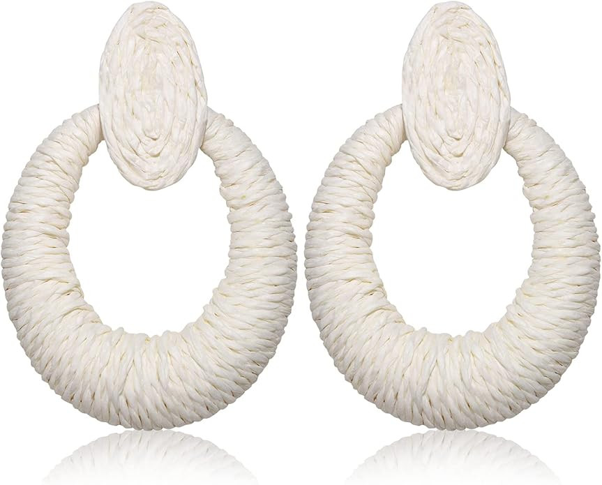 Rattan Earrings for Women Raffia Hoop Earrings Handmade Boho Raffia Dangle Earrings Straw Wicker ... | Amazon (US)