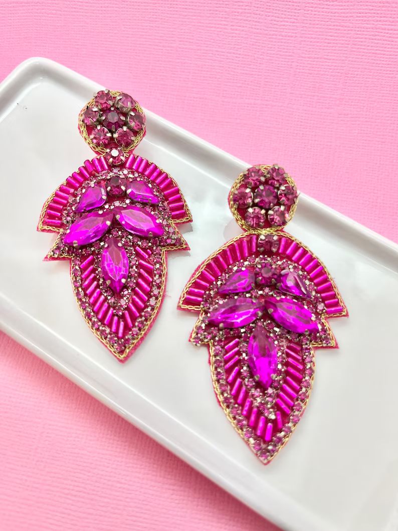 Pink Magenta Crystal Teardrop Earrings, Winged Earrings, Statement, Homecoming, Prom, Formal, Val... | Etsy (US)