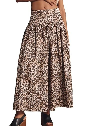 Leopard Print Maxi Skirt for Women High Waist Elastic Waistband Flowy A-Line Long Skirts Trendy Fall Dress | Amazon (US)