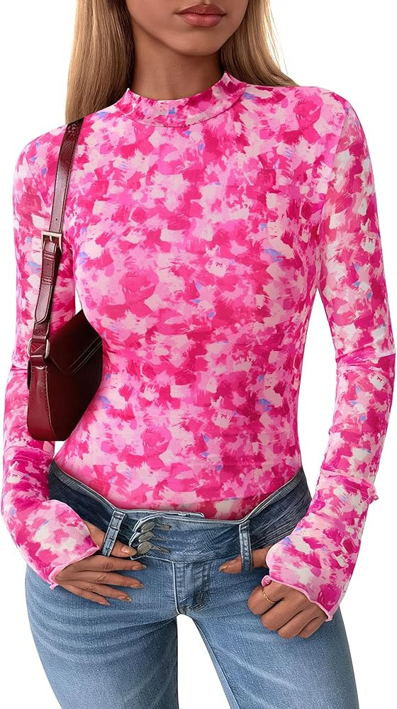 PRETTYGARDEN Women's Long Sleeve Going Out Tops 2026 Spring Y2K Clothes Mesh Floral Fitted Shirts... | Amazon (US)