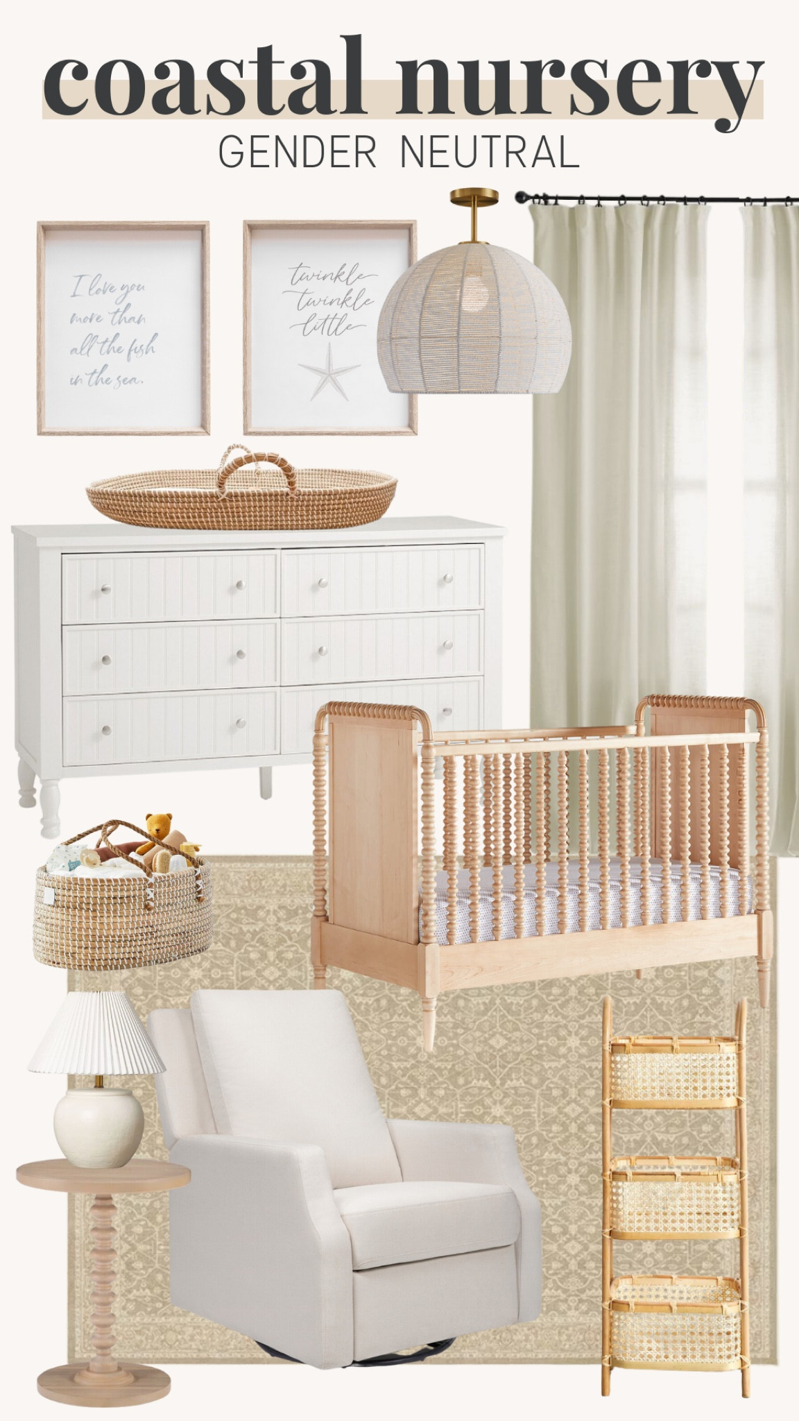Coastal nursery, beachy nursery, gender neutral nursery, coastal rug, white dresser, rocking chair, organization baskets, changing table, wall decor, storage cart, curtains, ceiling lighting, table lamp, side table, flowy curtains, nursery decor

#LTKhome #LTKstyletip #LTKbaby