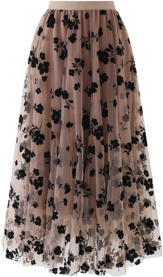 CHICWISH Women's Caramel/Dusty Blue/White/Black 3D Posy Double-Layered Mesh Midi Skirt | Amazon (US)