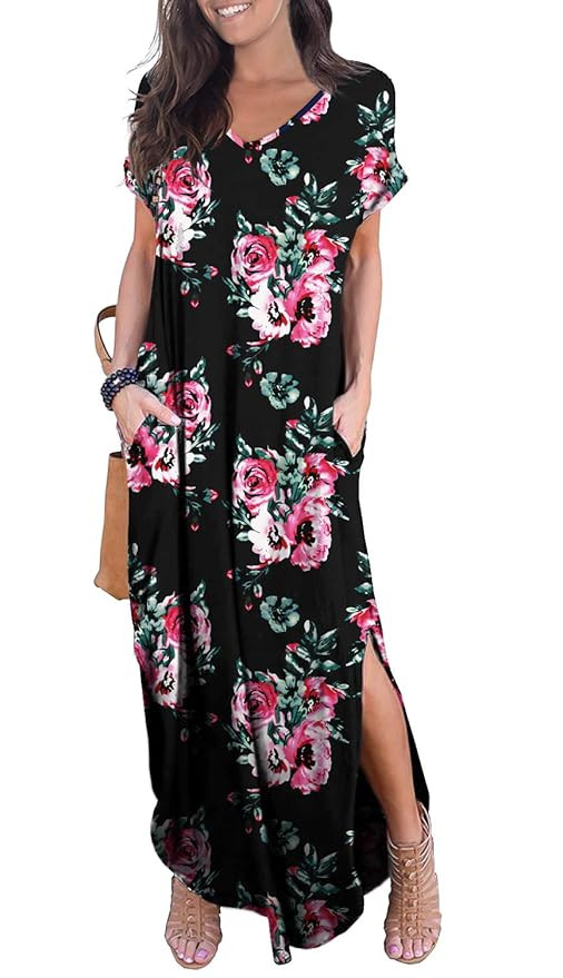GRECERELLE Women's Casual Loose Pocket Long Dress Short Sleeve Split Maxi Dresses | Amazon (US)