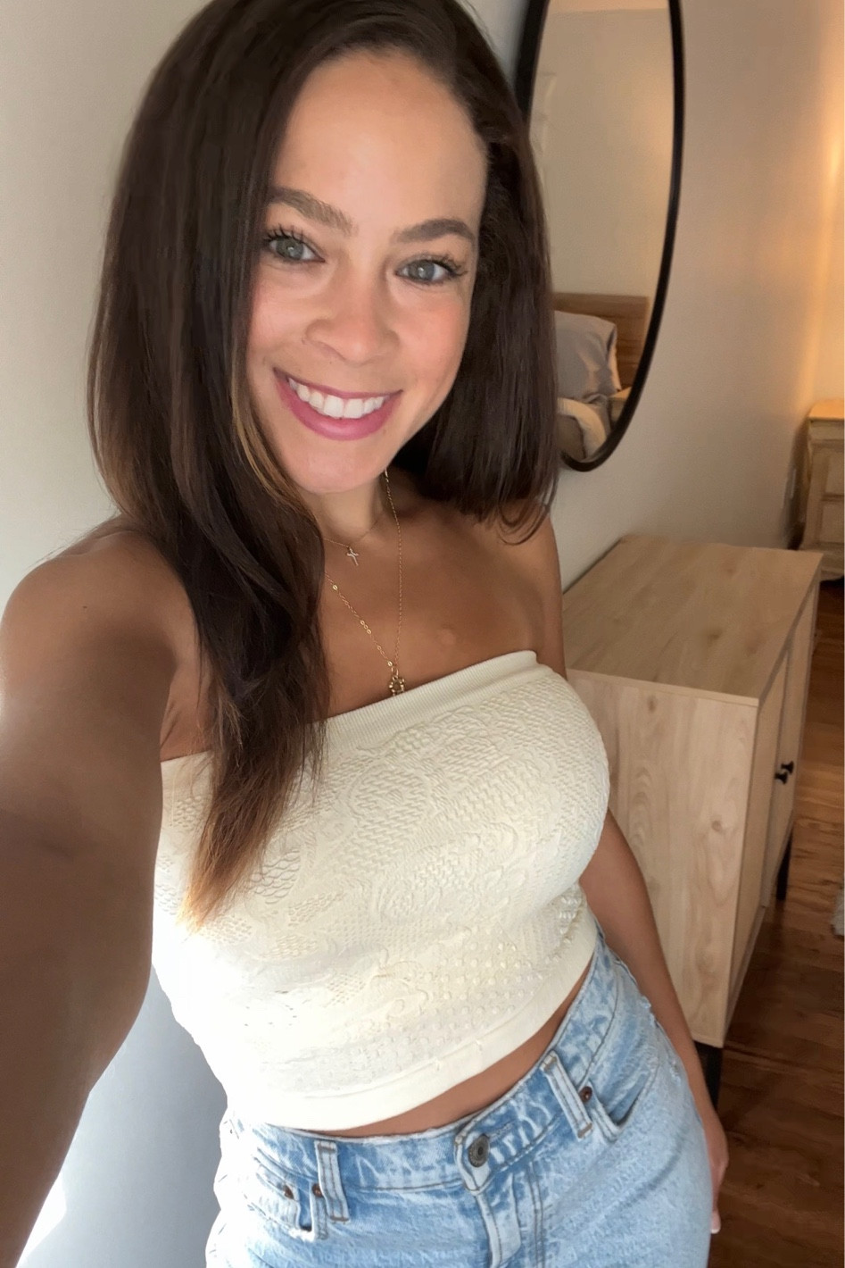 Wearing S in top & 24 Short in Pants - Petite Casual Outfit From Free People & Abercrombie - cream tube top and relaxed light wash jeans