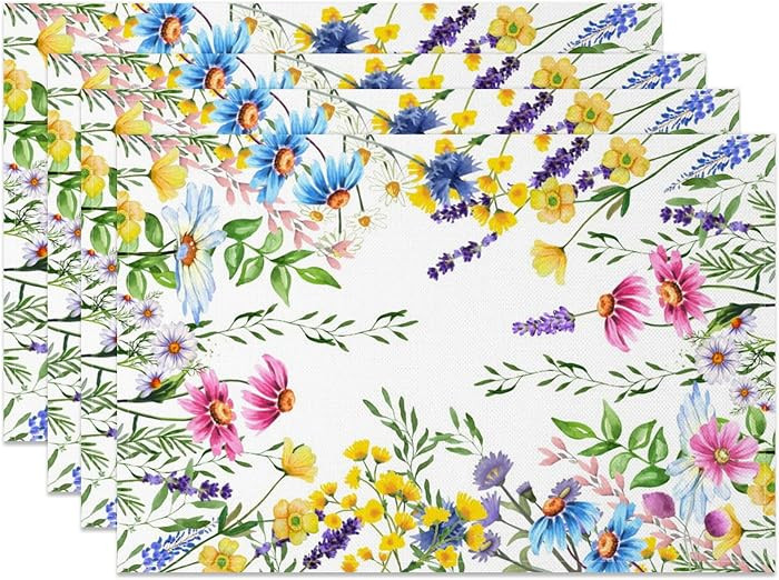 Flowers Placemats Set of 6,12x18 Inch Garden Plants Place Mats Washable Fabric for Seasonal Summe... | Amazon (US)