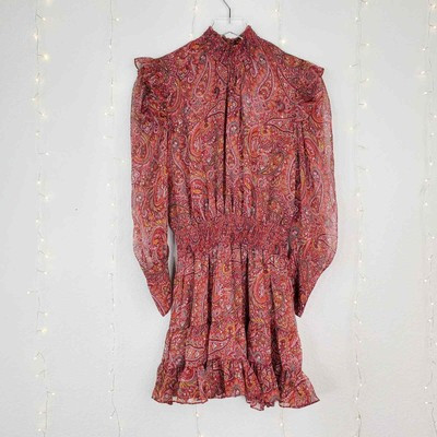 MISA Gianna Bohemian Paisley Long Sleeve Tiered Ruffle Chiffon Mini Dress L NWT  | eBay | eBay US